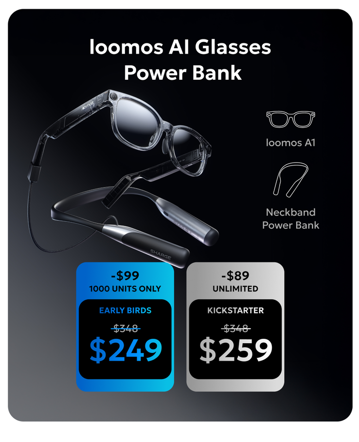 Les lunettes loomos et leur banque d'énergie assortie. (Source : loomos via Kickstarter)