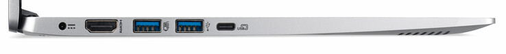 Côté gauche : entrée secteur, HDMI, 3 USB 3.1 Gen 1 (2 Type A, 1 Type C).