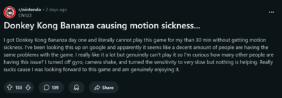 Reddit post #1 on Donkey Kong Bananza motion sickness (Image source : screenshot, Nintendo subreddit)