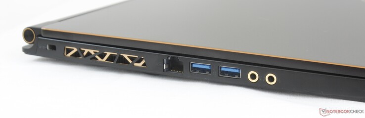 Côté gauche : verrou de sécurité Kensington, Gigabit RJ-45, 2 USB 3.1 Gen 2, écouteurs 3,5 mm or, micro 3,5 mm or.
