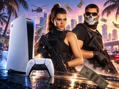 Personnages de GTA 6 aux côtés d’une PS5 et d’une manette DualSense.
