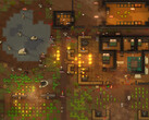 Capture d’écran de gameplay de RimWorld montrant une colonie attaquée, avec des incendies, des animaux et des bâtiments.