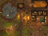 Capture d’écran de gameplay de RimWorld montrant une colonie attaquée, avec des incendies, des animaux et des bâtiments.