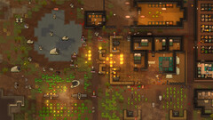 Capture d’écran de gameplay de RimWorld montrant une colonie attaquée, avec des incendies, des animaux et des bâtiments.