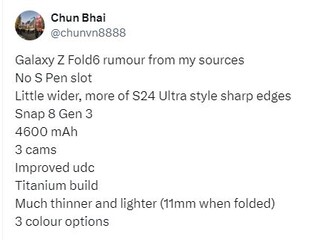 Les fuites du prochain Galaxy Z Fold 6 laissent présager des mises à jour progressives. (Source : Chun Bhai via Twitter)