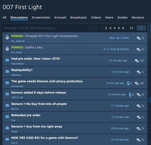 Les plaintes de Denuvo dans le forum Steam de 007 First Light