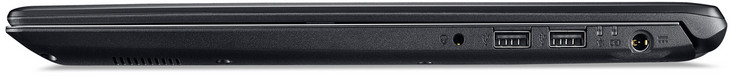 Côté droit : combo audio jack 3,5 mm, 2 USB 2.0 (type A), entrée secteur.