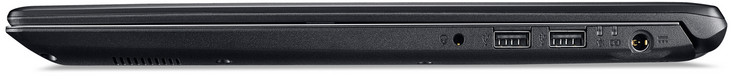 Côté droit : combo audio jack 3,5 mm, 2 USB 2.0 (type A), entrée secteur.