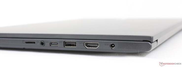 Droite : Emplacement microSD, combo audio 3,5 mm, USB-C, USB-A 3.2 Gen. 1, HDMI 1.4