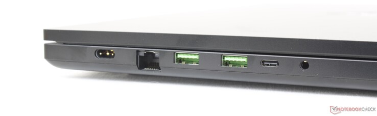À gauche : adaptateur secteur, RJ-45 à 2,5 Gbps, 2x USB-A 3.2 Gen. 2, USB-C avec Power Delivery + DisplayPort 1.4, casque d'écoute 3,5 mm