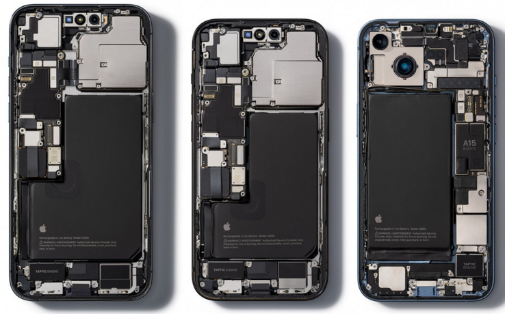 Les composants internes et la batterie de l'iPhone 14. (Source : iFixit)