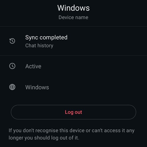 Vue détaillée d'un appareil WhatsApp connecté, indiquant le nom de l'appareil, son statut et un bouton rouge de déconnexion
