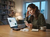 Une femme assise à un bureau regarde son smartphone ; à côté de celui-ci se trouvent un ordinateur portable, des reçus et un bloc-notes