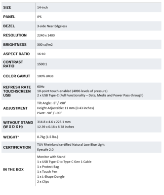 Lenovo ThinkVision M14T Gen 2 - Spécifications. (Source de l'image : Lenovo)