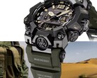 Gros plan sur la Casio G-Shock Mudmaster GWG-B1000-1A3 mettant en valeur son boîtier noir, ses accents de cadran beige, son bracelet vert olive, ses protections robustes et la mention « Triple Sensor », le tout sur fond d’équipement militaire et de paysage désertique.