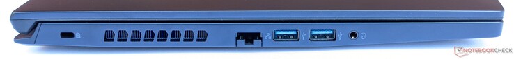 A gauche : serrure Kensington, Gigabit ethernet, 2x USB 3.1 Gen 1, port audio combo