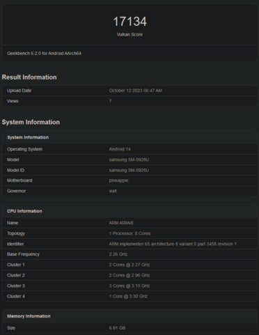 Benchmark Vulkan du Snapdragon 8 Gen 3 (image via Geekbench)