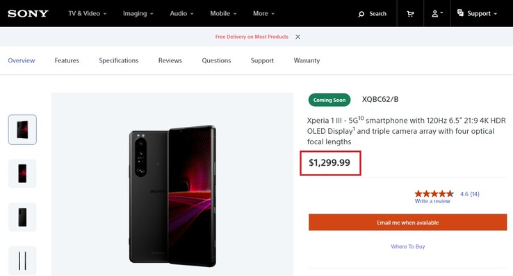 Le prix du Sony Xperia 1 III aux États-Unis. (Image source : Sony)