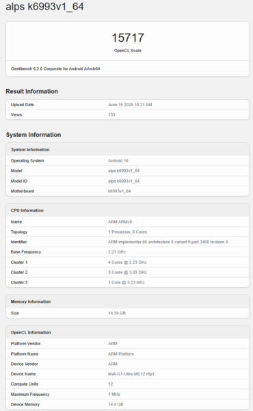 Liste Geekbench du Dimensity 9500 de MediaTek (source d'image : Geekbench)