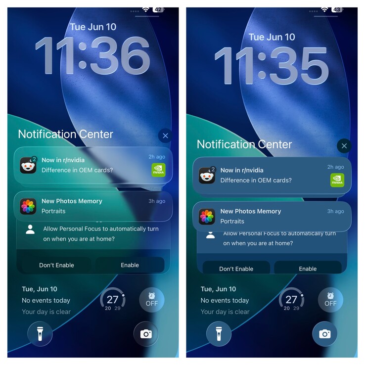 écran de verrouillage d'iOS 26 avec et sans transparence. (Source de l'image : Vaidyanathan S. sur X)
