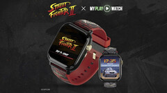 Montre gaming Street Fighter II: My Play Watch avec un bracelet rouge, des détails à finition dorée et un second affichage de montre, sur un fond sombre texturé.