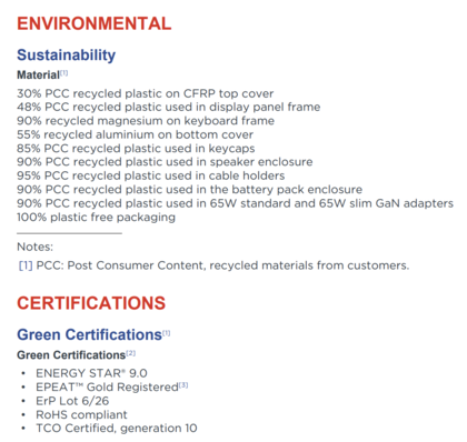 Matériaux recyclés et certifications environnementales (source : Lenovo)