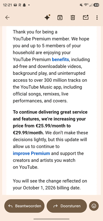 E-mail concernant la hausse des tarifs de YouTube Premium pour les familles