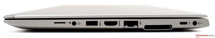 Côté droit : micro SIM, prise jack écouteurs / micro, USB 3.1 Gen 1, HDMI 1.4b, RJ-45, port pour station d'accueil, Thunderbolt (USB C), entrée secteur.
