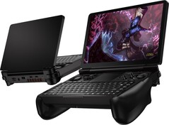 Le GPD Win Mini placé dans des poignées de confort. (Source de l'image : GPD)