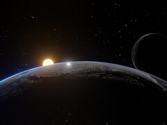 Illustration d'artiste montrant la Terre, la lune et le soleil.