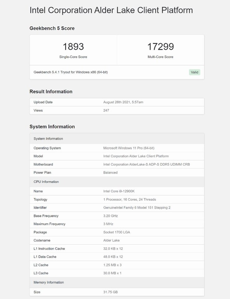 Intel Alder Lake Core i9-12900K sur Geekebench. (Source : Geekbench)