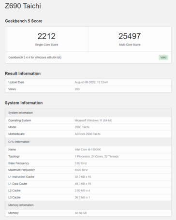 Intel Core i9-13900K sur Geekbench 5. (Source : Geekbench)