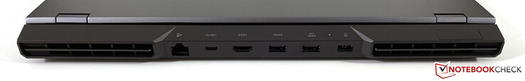 Arrière : Gigabit-Ethernet, USB-C 3.2 Gen.2 (Power Delivery, DisplayPort 1.4), HDMI 2.1, USB-A 3.2 Gen.1, USB-A 3.2 Gen.1 (alimenté), alimentation (Slim Tip)