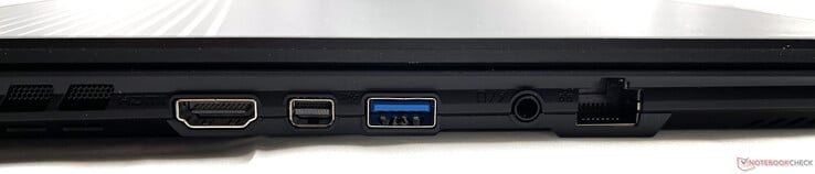 A gauche : HDMI 2.1, Mini DisplayPort 1.4, USB Type-A 3.2 Gen. 1, prise audio combinée de 3,5 mm, LAN 2,5 Gb/s