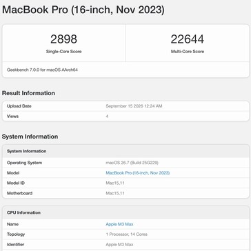 Résultats Geekbench 7 de l'Apple M3 Max.