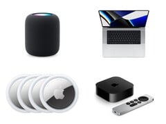 Collage montrant un HomePod, un MacBook Pro, des AirTags et un téléviseur Apple avec télécommande Siri. (Source de l&#039;image : Apple)