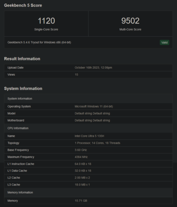 Performances de l'Intel Core Ultra 5 135H sur Geekbench (image via Geekbench)