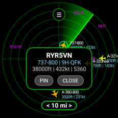 Outil de repérage des avions dans l'application Flight Scanner