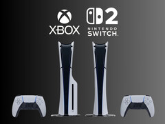 Les consoles PS5 sont représentées en dessous des logos Xbox et Nintendo Switch 2 (Source de l'image : Sony PlayStation, Microsoft Gaming, Nintendo of America avec modifications)