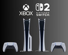 Les consoles PS5 sont représentées en dessous des logos Xbox et Nintendo Switch 2 (Source de l'image : Sony PlayStation, Microsoft Gaming, Nintendo of America avec modifications)