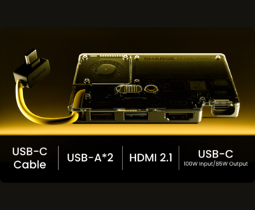 Le disque SSD portable transparent Sharge Disk Pro présente un câble USB-C intégré, deux ports USB-A, HDMI 2.1 et USB-C avec une entrée de 100 W et une sortie de 85 W (Sharge via Kickstarter)
