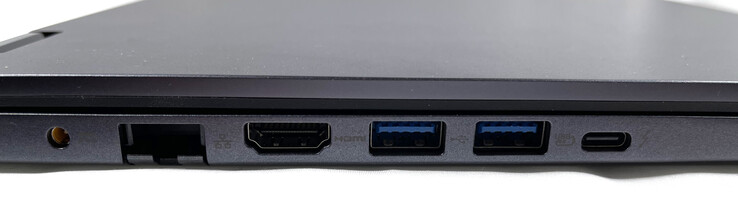 À gauche : port de chargement, port Gigabit Ethernet escamotable, HDMI 2.0, 2x USB 3.2 Gen. 2, USB-C Thunderbolt 4 (avec DisplayPort et Power Delivery)