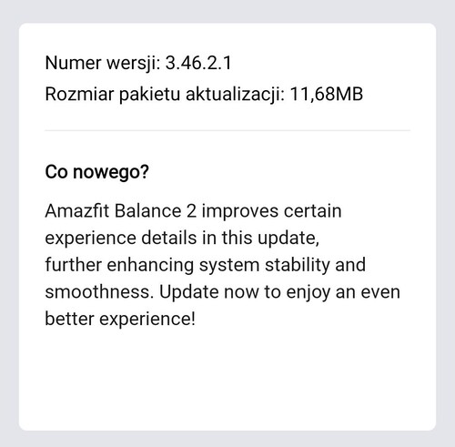 Les notes de mise à jour du firmware 3.46.0.1 de la smartwatch Amazfit Balance 2