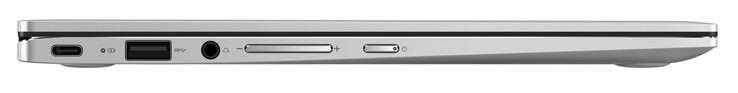 à gauche côté: USB 3.2 Gen 1 (Type-C ; DisplayPort, Power Delivery), USB A 3.2 Gen 1, jack audio, bouton de volume, bouton d'alimentation