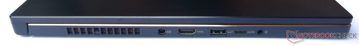 Côté gauche : entrée secteur, HDMI 2.0b, 1 USB A 3.2 Gen2, 1 USB C 3.2 Gen2 C (incl. DisplayPort 1.4), prise jack.