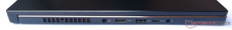 Côté gauche : entrée secteur, HDMI 2.0b, 1 USB A 3.2 Gen2, 1 USB C 3.2 Gen2 C (incl. DisplayPort 1.4), prise jack.