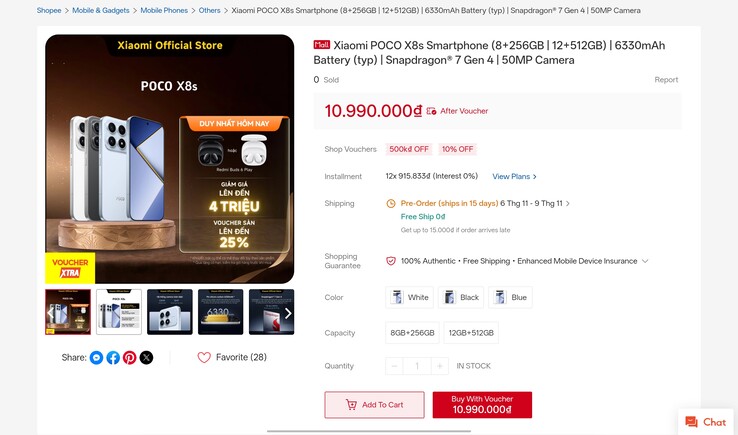 La fiche du Poco X8s telle qu’elle apparaissait sur la boutique officielle de Xiaomi sur Shopee au Vietnam