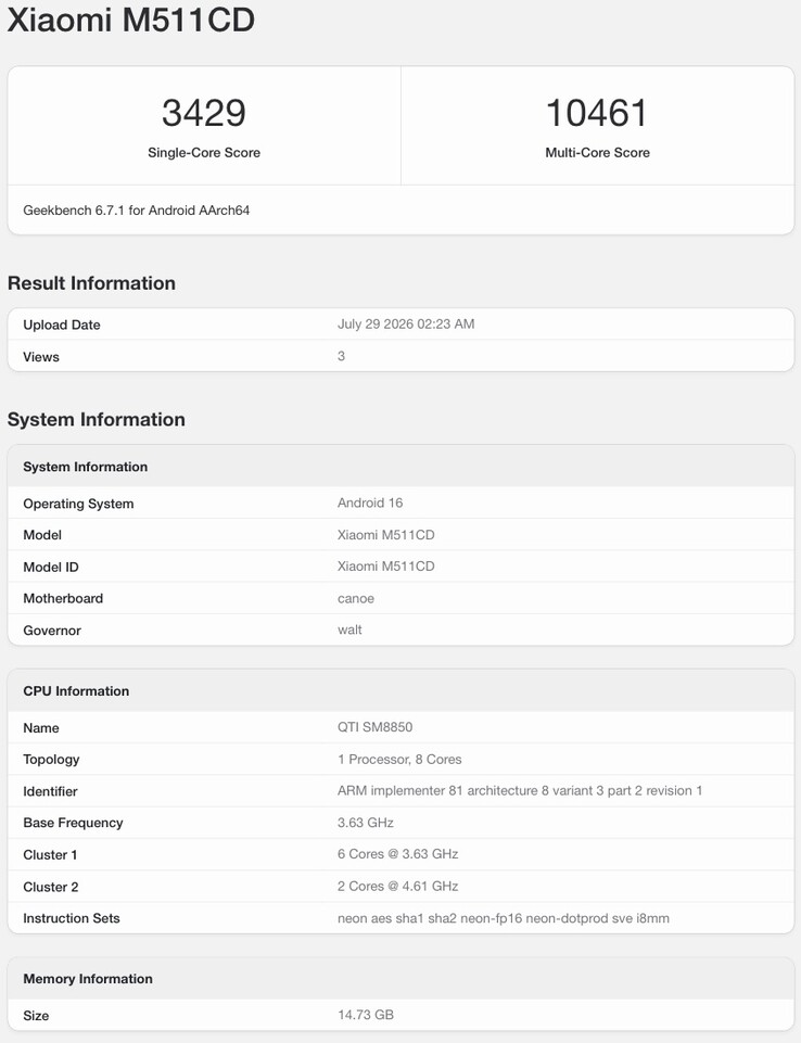 Fiche Geekbench du Redmi K100 Pro présumé.