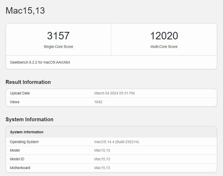 Résultats de Geekbench 6 pour le MacBook Air équipé d'un M3. (Source : Geekbench)