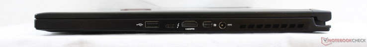 Côté droit : USB 2.0, USB C  / Thunderbolt 3, HDMI 2.0, mini DisplayPort 1.2, entrée secteur.